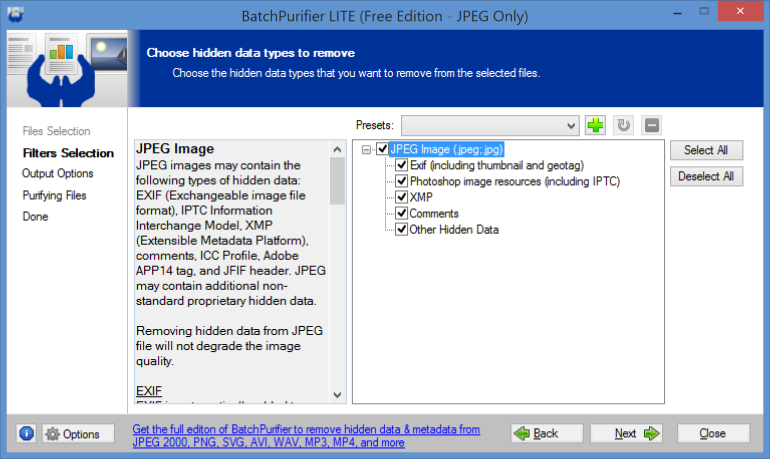 Screenshot of BatchPurifier LITE hidden data filters selection page