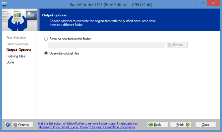 Screenshot of BatchPurifier LITE output options page