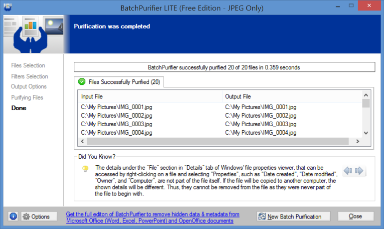 Screenshot of BatchPurifier LITE completed page