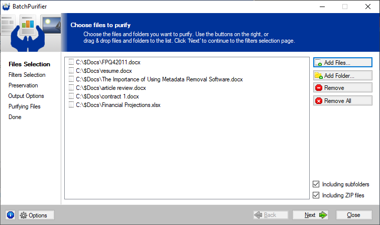 Screenshot of BatchPurifier hidden data filters selection page