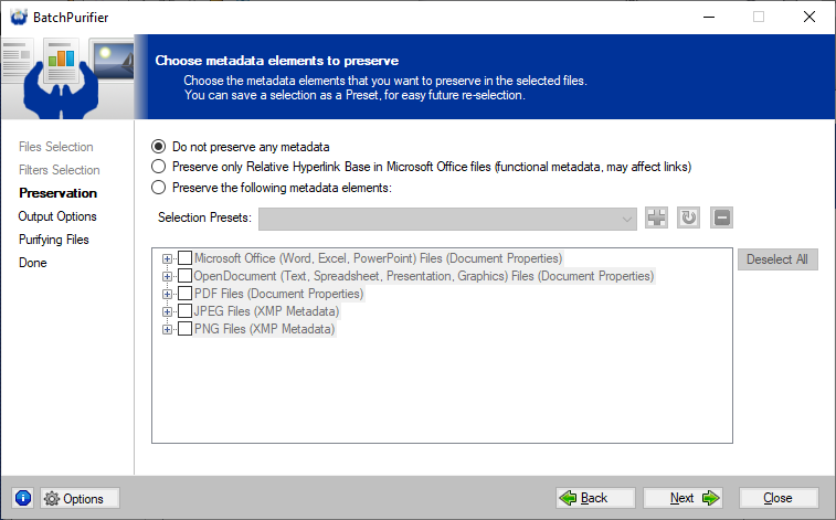 Screenshot of BatchPurifier output options page