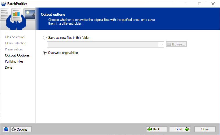 Screenshot of BatchPurifier output options page