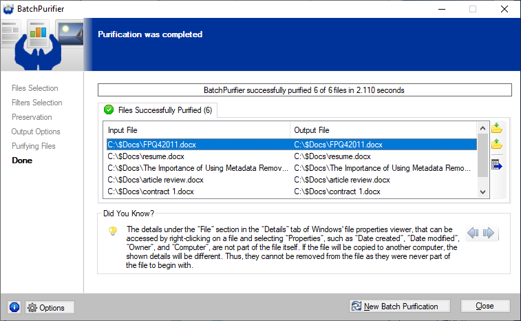 Screenshot of BatchPurifier completed page