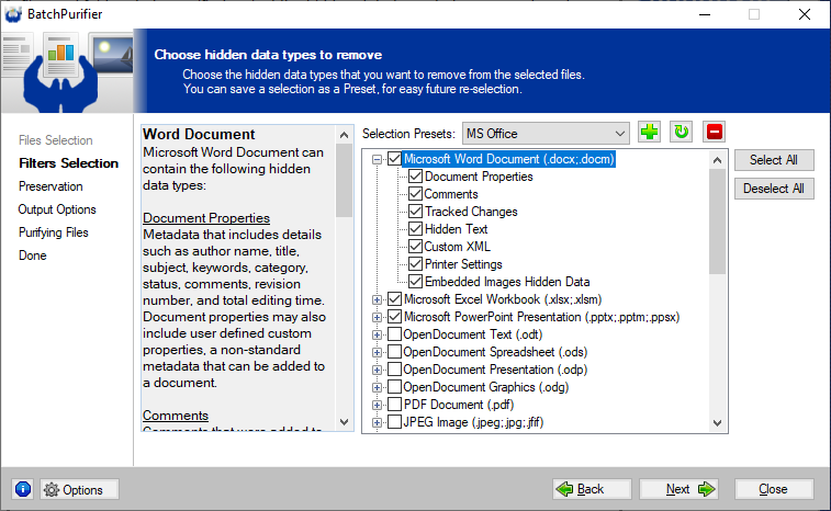 Screenshot of BatchPurifier hidden data filters selection page