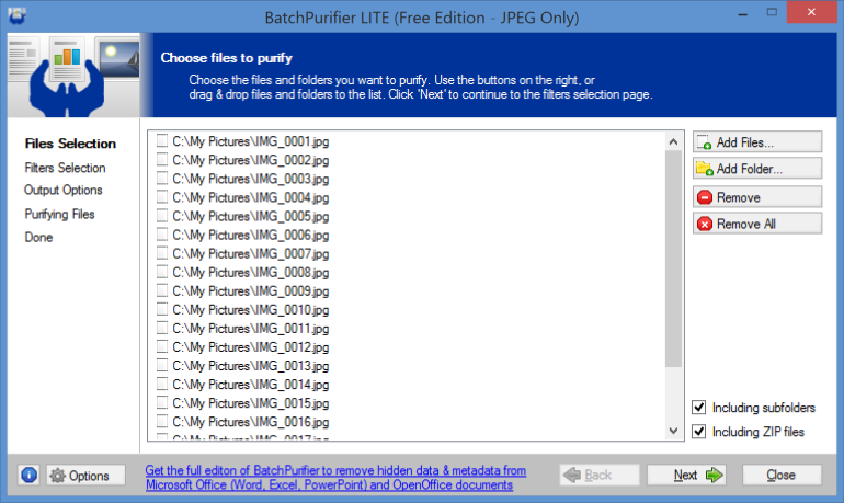 Screenshot of BatchPurifier LITE files selection page