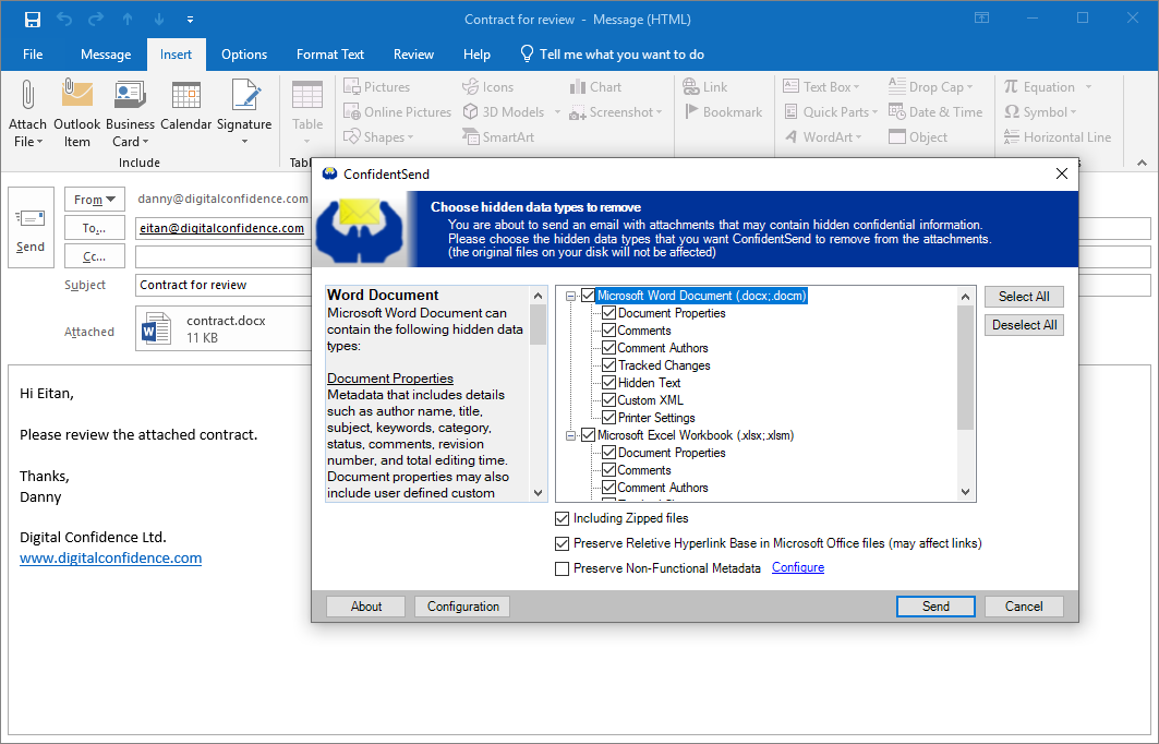 Screenshot of ConfidentSend as a Microsoft Office Outlook 2007 add-in, used to remove metadata from Word document