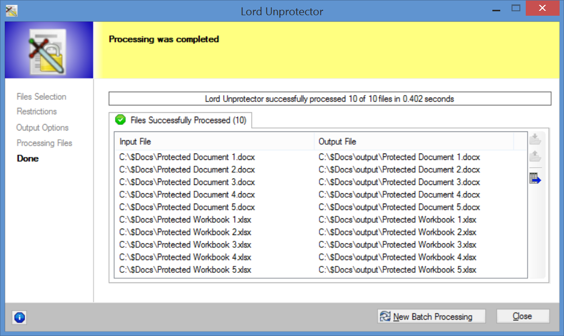 Screenshot of Lord Unprotector processing results in the completed page