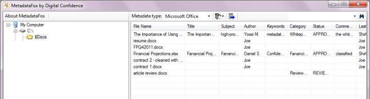 Screenshot of MetadataFox, used to view Microsoft Office documents metadata