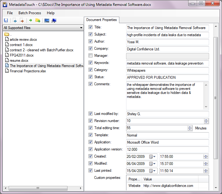 Screenshot of MetadataTouch, used to edit Microsoft Word document metadata