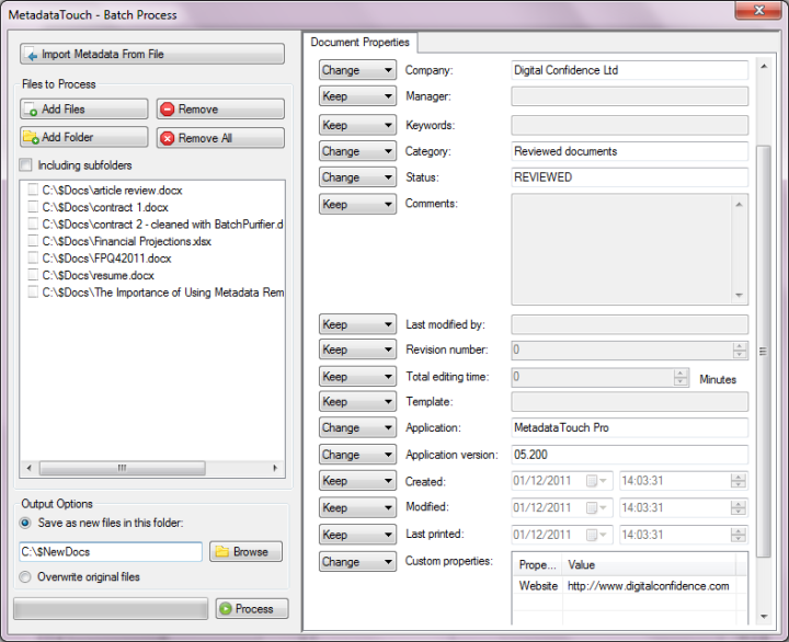 Screenshot of MetadataTouch Pro, used for batch editing metadata in Microsoft Word documents
