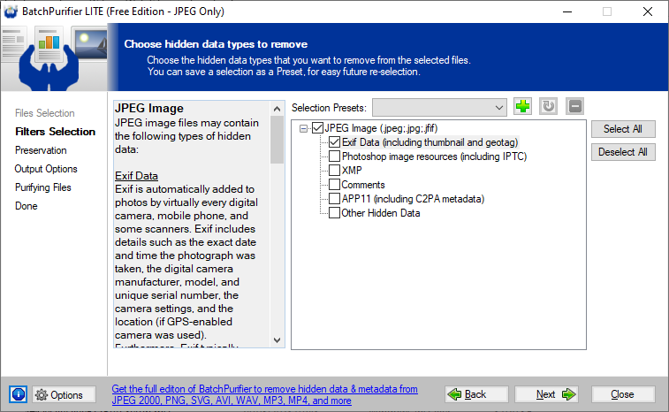 Using BatchPurifier LITE to remove Exif data from multiple JPEG files