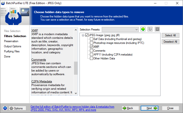 Using BatchPurifier LITE to remove XMP data from multiple JPEG files