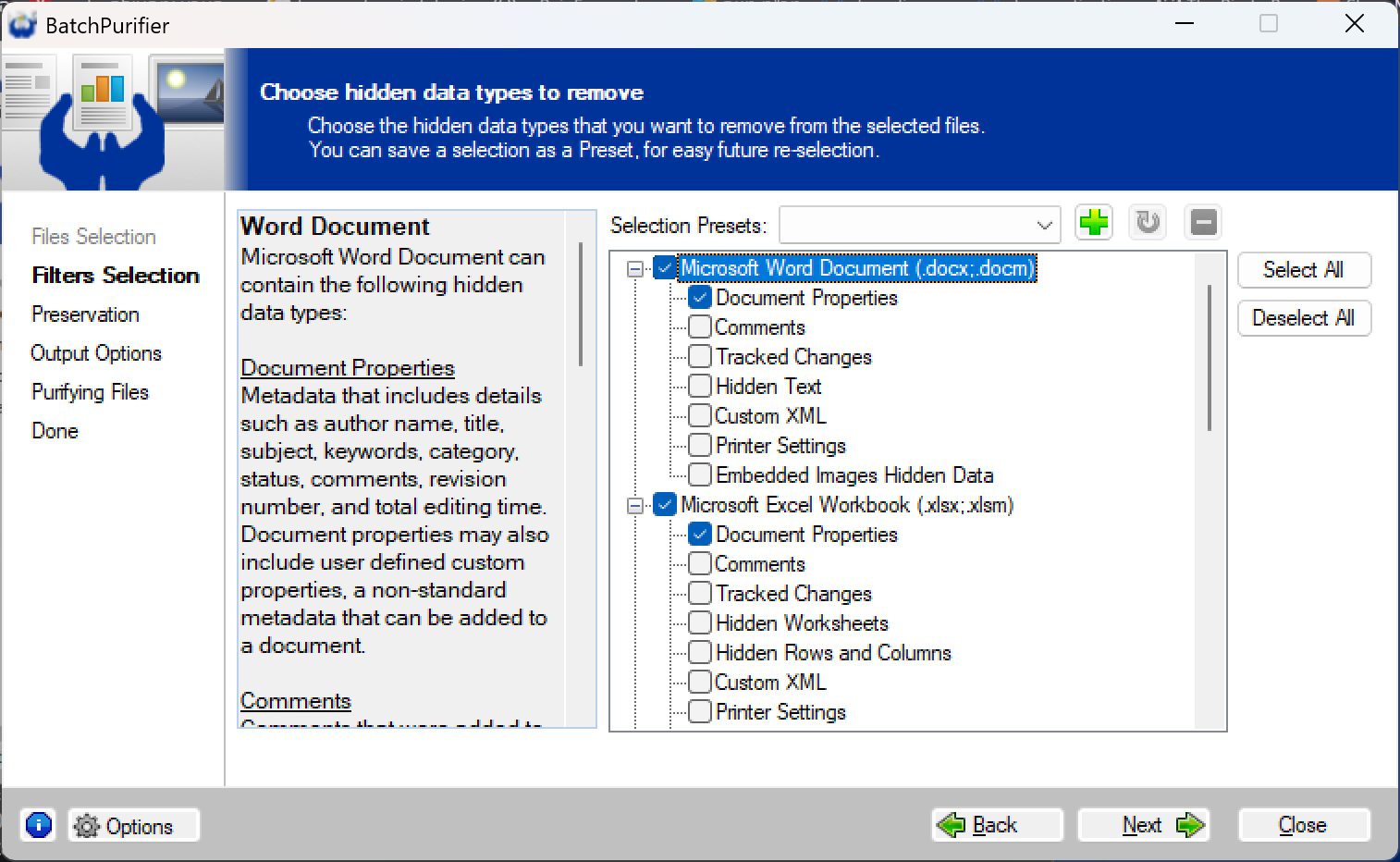 Using BatchPurifier to remove all document properties from MS Office files