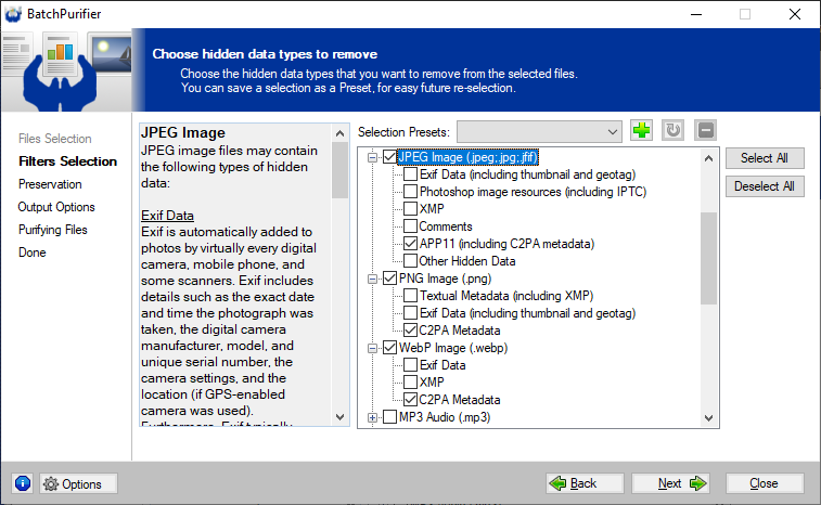Using BatchPurifier to remove C2PA metadata from files
