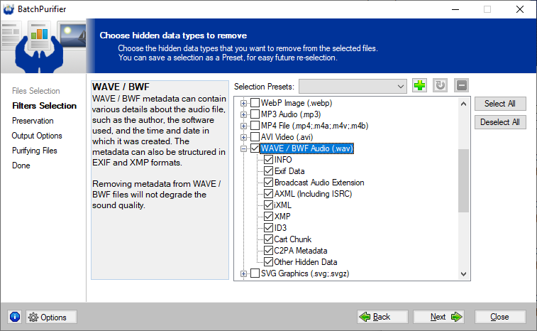 Using BatchPurifier to remove hidden data and metadata from WAV files