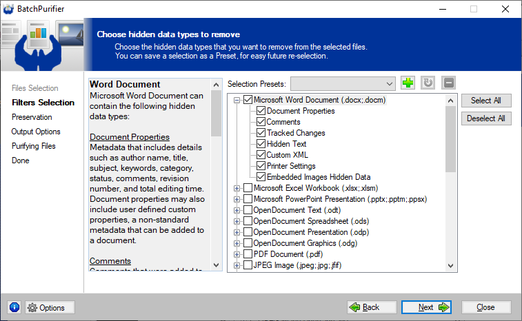 Using BatchPurifier to remove hidden data and metadata from Word files