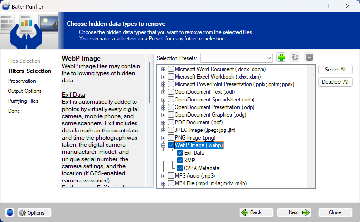 Using BatchPurifier to Remove Hidden Data and Metadata from WebP Files