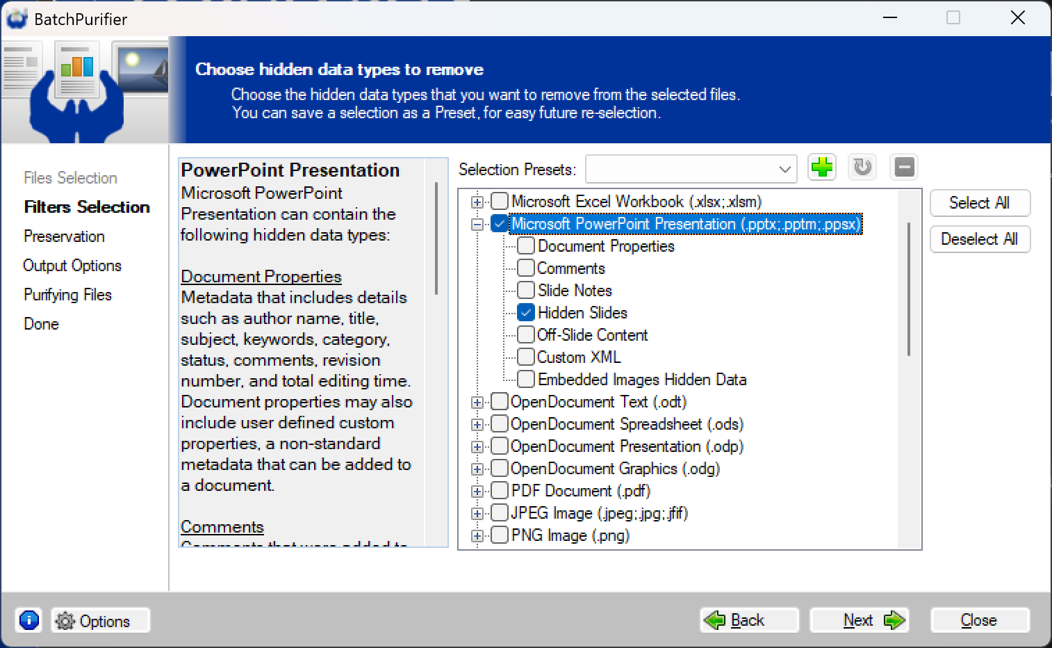 Using BatchPurifier to remove hidden slides from multiple files
