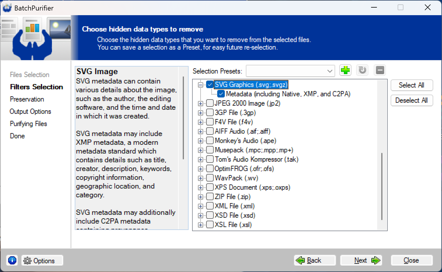 Using BatchPurifier to remove metadata from SVG image files