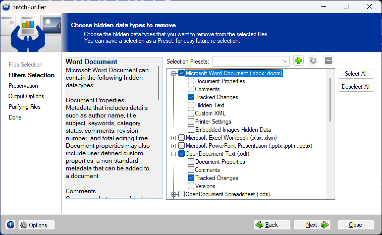 Using BatchPurifier to remove tracked changes from multiple files