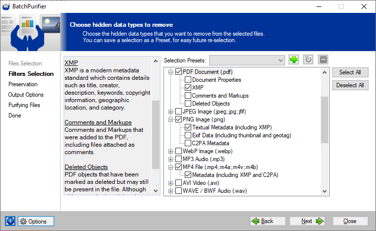 Using BatchPurifier to remove XMP data from multiple files