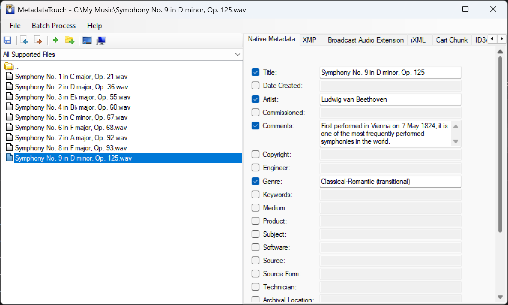 Using MetadataTouch to edit WAV INFO metadata